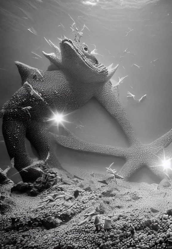 Image similar to North korean starfish monster, kaiju-eiga, thriller, monochrome, film grain, flare, backlit