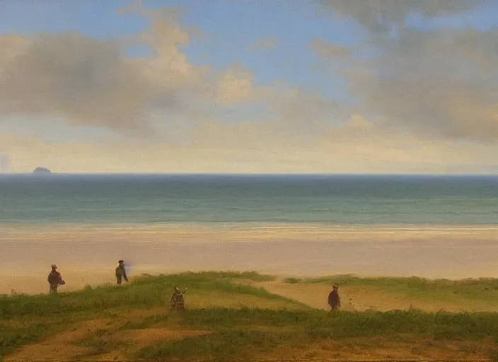 Prompt: omaha beach, normandy in the style of hudson river school of art, oil on canvas
