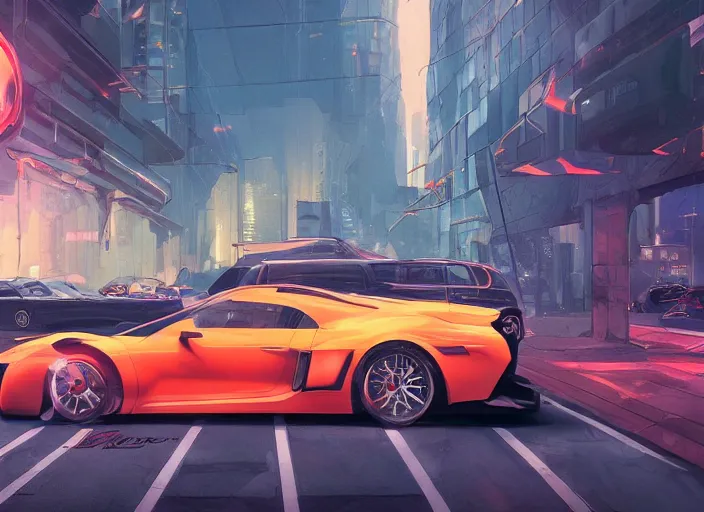 Image similar to a sport car in a city. sharp focus, cinematic pose, cinematic lighting, unreal engine render. art by josan gonzales and moebius and deathburger.