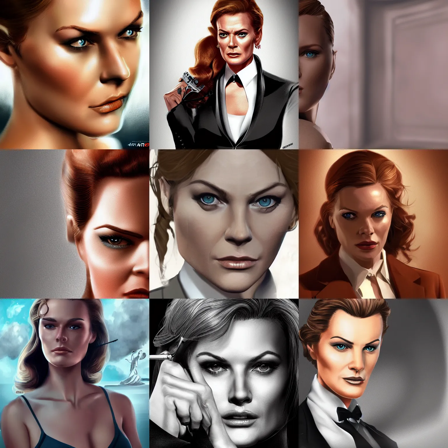 Prompt: portrait of a female version of roger moore as james bond, trending on artstation, 4 k, highly detailed, realistic