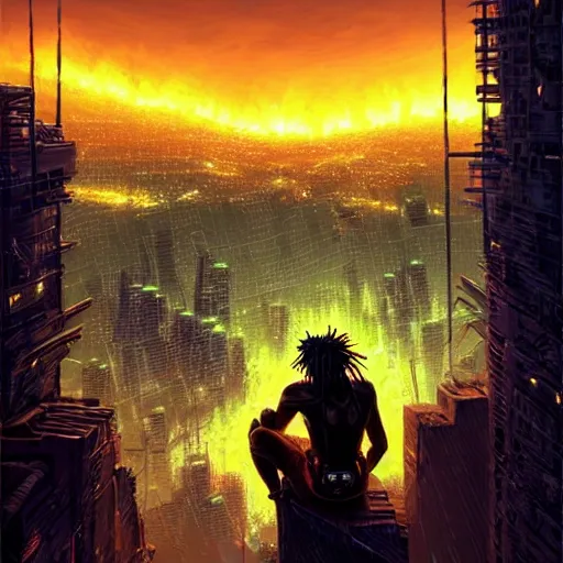 Image similar to a cyberpunk zulu warrior sitting on a cliff watching an enormous city burn!!! from a distance at night, fire!!, by alena aenami and android jones and greg rutkowski, Trending on artstation, hyperrealism, elegant, stylized, highly detailed digital art, 8k resolution, hd, global illumination, radiant light, detailed and intricate cyberpunk ghetto environment, rendered in octane, post processed, wide angle, dynamic portrait