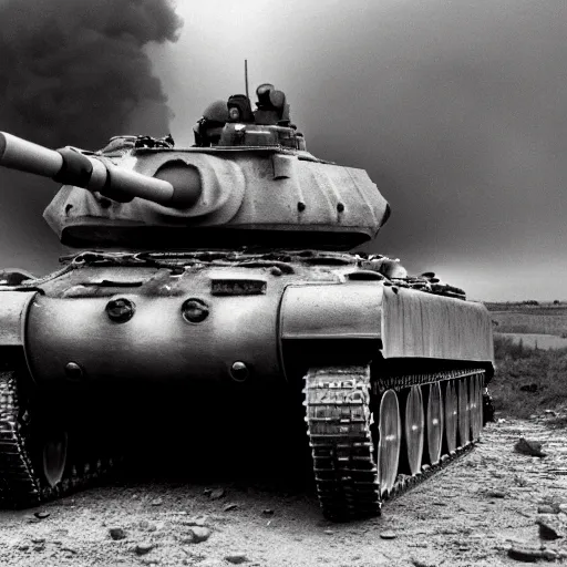 Prompt: world War 2 photography of Donald Trump hugging a tank, shot by Annie Leibovitz, award winning, 4k, 8k, black and white photography, cinematic lighting.