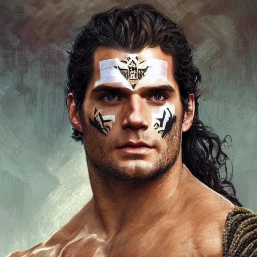 Prompt: henry cavill as an aztec warrior, athletic, face paint, muscular, intricate, highly detailed, digital painting, artstation, concept art, sharp focus, illustration, art by greg rutkowski and alphonse mucha