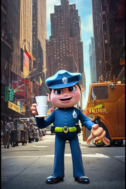 Prompt: an epic fantasy full body 3D Render of a happy police man holding a cup of coffee on New York city, character design by Mark Ryden and Pixar and Hayao Miyazaki, unreal 5, DAZ, hyperrealistic, octane render, dynamic lighting, intricate detail, summer vibrancy, cinematic