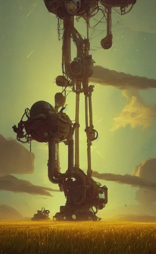 Prompt: a highly detailed beautiful dreamy breathtaking matte painting of the eternal planet, a tall grass field, broken machinery, simon stalenhag, featured on artstation, pulp scifi book cover art, i can't believe how beatiful this is, wow