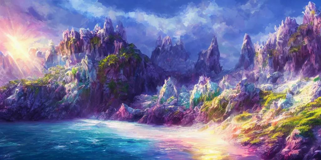 Image similar to salt covered islands surrounded by gleaming colourful crystal cliffs, illustration, bright sunlight, sun glints, sunrays, digital art, oil painting, fantasy, 8 k, trending on artstation, detailed