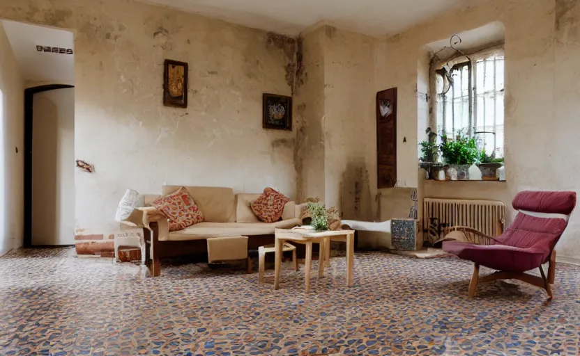 Image similar to living room interior, old beige walls, brown tiled floor, one wall with bricks, white plastic garden chairs, ashtray, stained beige deep pile rug, 1990s oak wood furniture