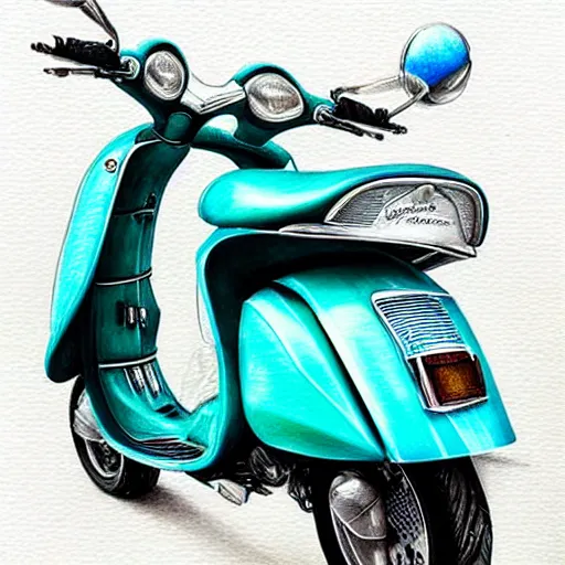 Image similar to hyper realistic pencil drawing of a turquoise vespa moped, water color, detailed, rim light, diffused, intricate, by anna dittmann,