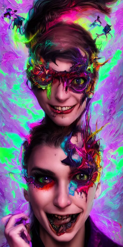 Prompt: impossibly beautiful portrait, dapper dream demon, cat woman, wings, bad trip, insane smile, intricate complexity, surreal horror, inverted neon rainbow drip paint, trending on art station, photoreal, 8 k, octane render by greg rutkowski