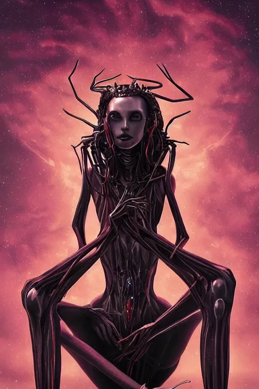 Image similar to portrait of an elegant alien spider queen, long legs, many legs, spindly legs, full body character concept art, by artgerm, tom bagshaw, gerald brom, vaporwave colors, lo - fi colors, vaporwave, lo - fi, moody vibe, goth vibe, 4 k, hd,