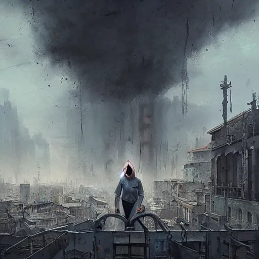 Image similar to a nurse with short sleeves and a mask on during an apocalyptic city, Matte painting , detailed painting, greg rutkowski