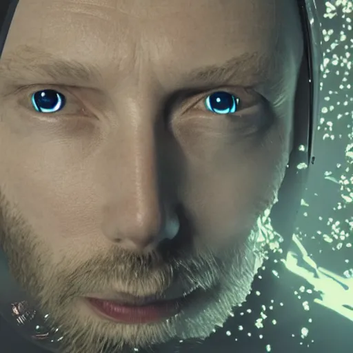 Prompt: thom yorke singer songwriter in a spacesuit filling up with water, a computer rendering by mikolas ales, unsplash, video art, anamorphic lens flare, 8 k 3 d, datamosh, beautiful blue eyes, eyes reflecting into eyes reflecting into infinity, eyes reflecting into eyes reflecting into infinity