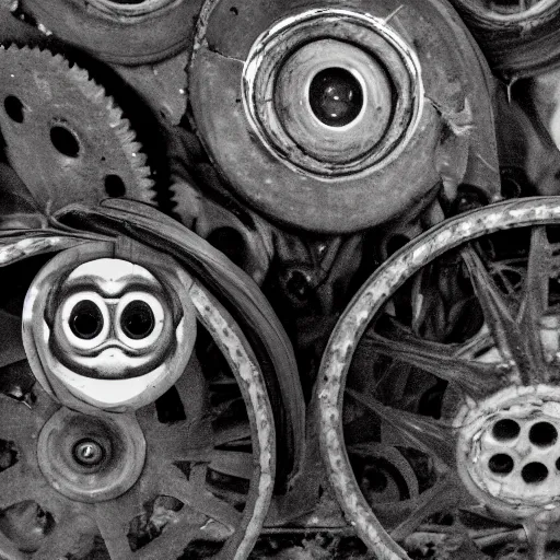 Image similar to a pair of interlocking wheels covered in eyes