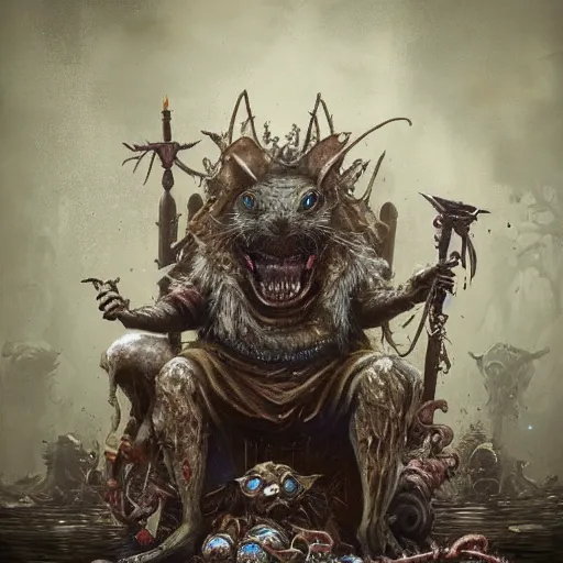 Image similar to murky sewer scene with a grinning rat king sitting on a throne, surrounded by other rats. trending on artstation, fantasy illustration, realistic, extremely detailed