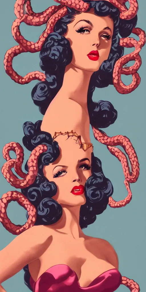 Prompt: Medusa in pin up style and 70ies clothing, high detail concept art, atmospheric, trending on artstation