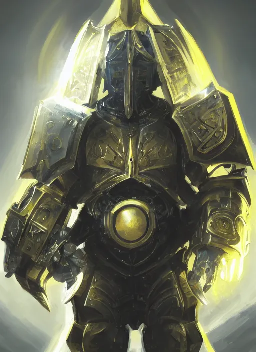 Image similar to dynamic attack position abstract portrait of a intricate glorious holy mechanical warforged character in yellow armor holding a paladin engraved great longsword drawn and carrying a big paladin shield, floodlight in middle of face , face in focus, epic , trending on ArtStation, masterpiece, cinematic lighting, by Ross Tran and by Greg Rutkowski