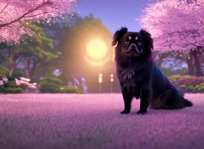 Image similar to a wholesome animation key shot of a black tibetan spaniel, cherry blossoms in the background, studio ghibli, pixar and disney animation, sharp, rendered in unreal engine 5, anime key art by greg rutkowski, bloom, dramatic lighting