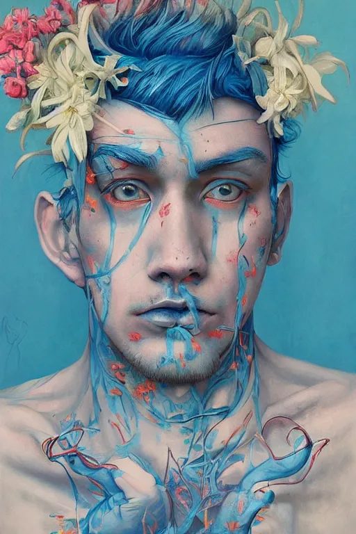 Prompt: a painting of a man with blue hair and flowers on his chest, a surrealist painting by james jean, trending on cgsociety, pop surrealism, androgynous, grotesque, angular