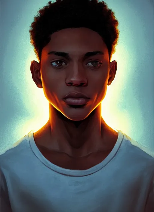 Prompt: portrait of chuck clayton, lightskin black teenage boy, very short curly hair, very short hair, short hair, strong jawline, square jaw, slight smile, reading archie comic, intricate, elegant, glowing lights, highly detailed, digital painting, artstation, concept art, smooth, sharp focus, illustration, art by wlop, mars ravelo and greg rutkowski