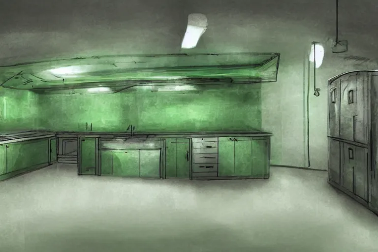 Image similar to underground lab kitchen, green water, foggy, concept art