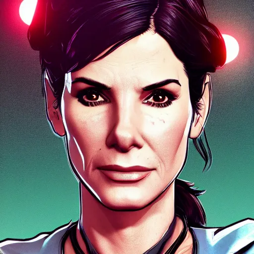 Image similar to sandra bullock portrait, borderlands, tales from the borderlands, the wolf among us, comic, cinematic lighting, studio quality, 8 k