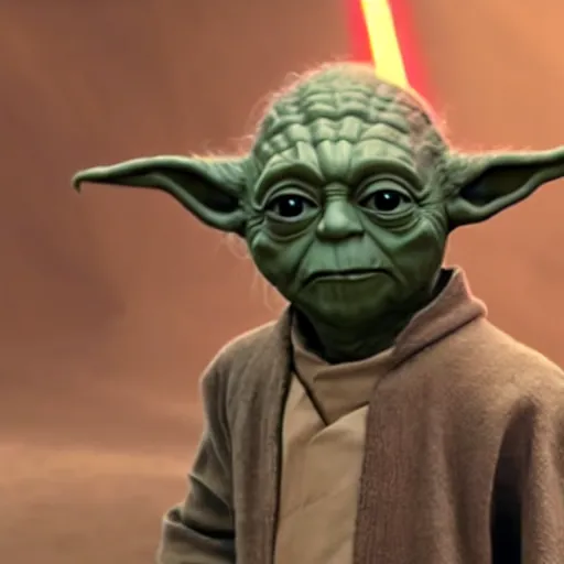 Image similar to A film still of Yoda as a sith lord wearing dark attire realistic,detailed