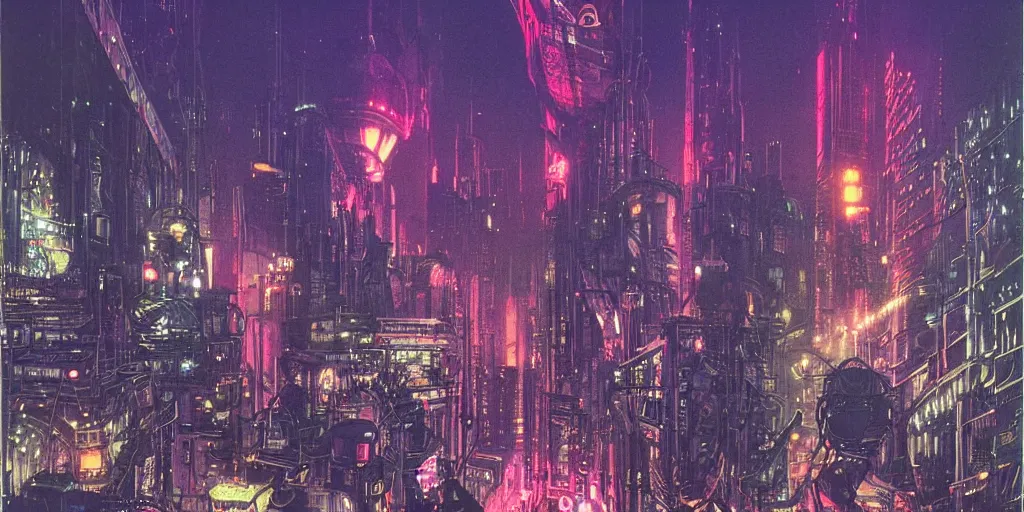 Image similar to vast futuristic steampunk city, dark tall people, night, colored neons, mist, video screens, street lights, cinematic, illustration by moebius and Bill Sienkiewicz