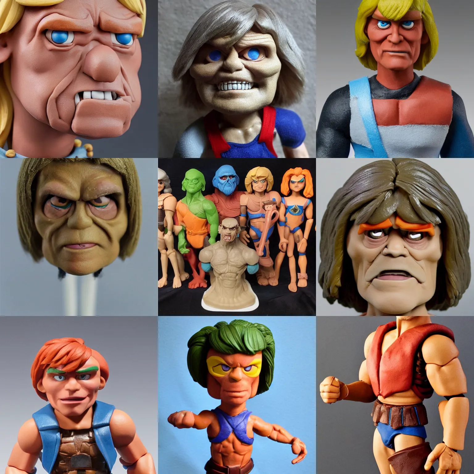 Prompt: real he-man by mattel!! clay! close detailed sculpted head , style: claymation puppet kids clay , by guldies