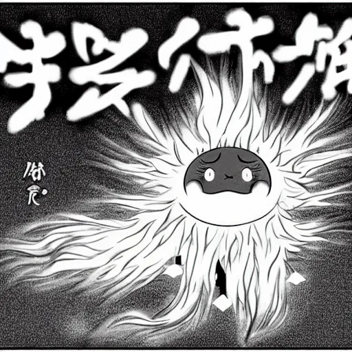 Prompt: fluffy exploding popcorn elemental spirit, in the style of a manga character, with a smiling face and flames for hair, sitting on a lotus flower, clean composition, symmetrical