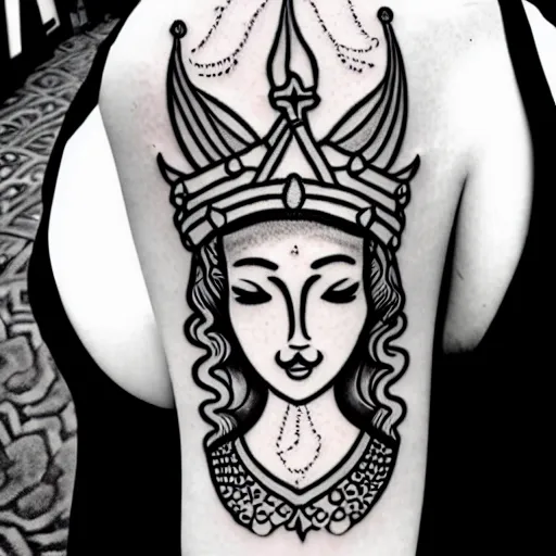 Image similar to a peaceful meditative mermaid wearing a crown, full body, symmetrical, highly detailed black and white new school pinup tattoo design