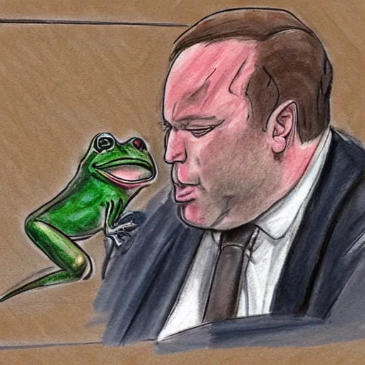 Image similar to a courtroom sketch of an angry frog pointing at alex jones on the stand