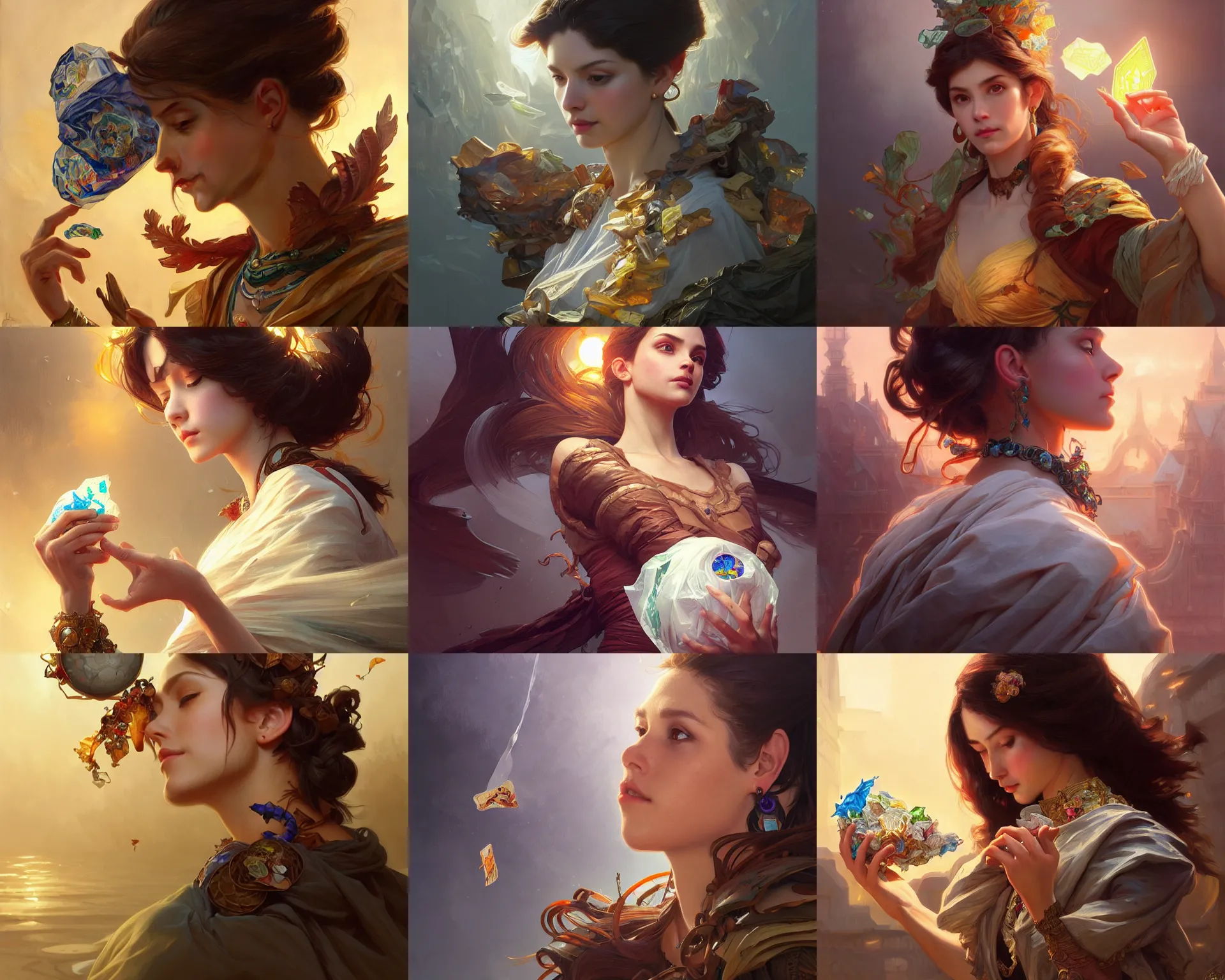 Prompt: a plastic bag of garbage floating in the air, deep focus, turnaround, fantasy, intricate, elegant, highly detailed, digital painting, artstation, concept art, matte, sharp focus, illustration, hearthstone, art by artgerm and greg rutkowski and alphonse mucha.