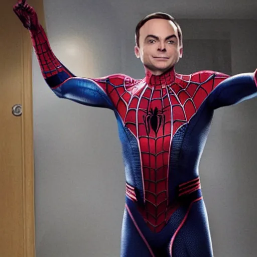 Prompt: sheldon cooper as spiderman