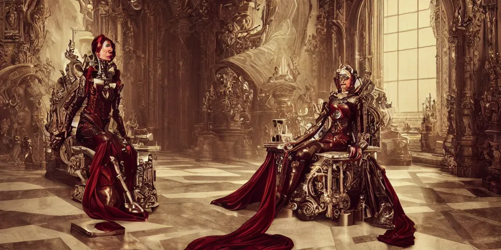 Prompt: epic, cinematic, classic, leading lines, low angle, a 1 7 th century beautiful techno cyborg queen, sitting on the throne in her throne room, symmetry, baroque interior, shiny marble floor, ornate dark red opulent clothing, scifi, futuristic, optimistic, concept art, oil painting, expressive, impressionist,