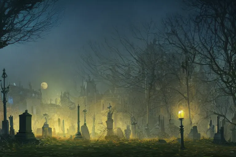 Image similar to an ultra detailed animation of a graveyard at midnight on halloween, digital art, dark fantasy, concept art, soulslike, by alphonse mucha, blood moon eclipse, ruined building in the background, artstation, 8 k, unreal engine render