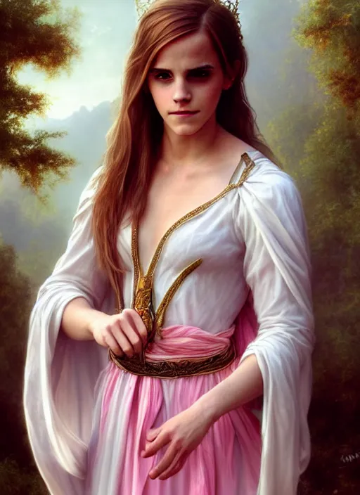 Image similar to emma watson as magic healer goddess, long hair, white and pink cloth, lake in the forest, D&D, shiny background, intricate, elegant, highly detailed, digital painting, artstation, concept art, smooth, sharp focus, illustration, artgerm, bouguereau