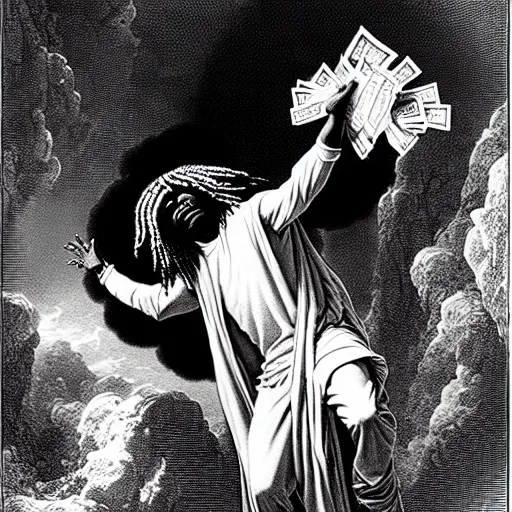 Image similar to cheef keef ascending into heaven holding stacks of cash, biblical image, style of gustave dore, highly detailed, beautiful, high contrast, black and white