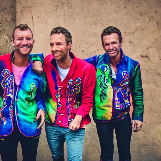 Prompt: Coldplay in Peru wearing panchos and smiling, photorealistic, photography, 14 mp