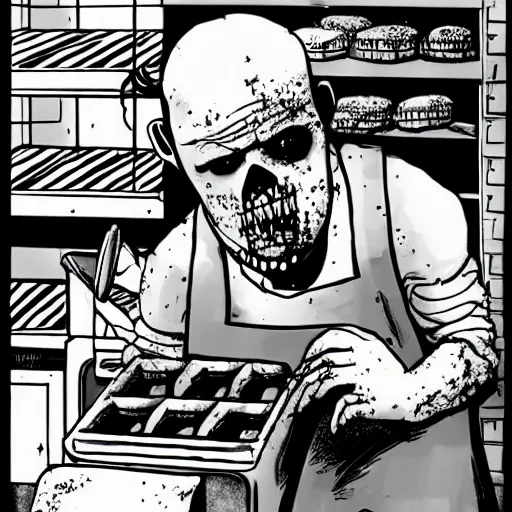 Image similar to zombie working in a bakery by robert kirkman