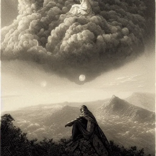 Image similar to A widow looks from a mountaintop, mountains, gorgeous view, velly distant forest, distant city, distant glow, night, moon, dramatic light, Chiaroscuro, long shadows, dark, thunderclouds, masterpiece, high detail, detailed, illustration by Paul Gustave Doré