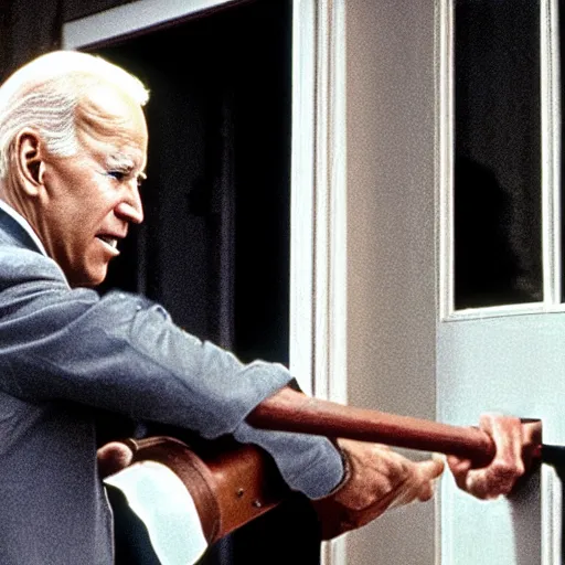 Image similar to Joe Biden breaking down door with axe in the movie the Shining