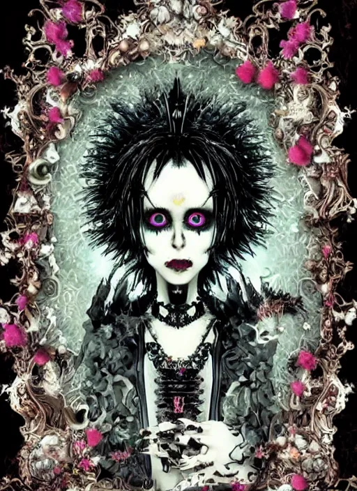 Prompt: baroque bedazzled gothic royalty frames surrounding a pixelsort emo demonic horrorcore Japanese Edward Scissorhands in Wonderland, sharpened early computer graphics, remastered chromatic aberration