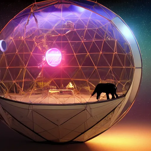 Image similar to a hyperrealistic photograph 3D octane render of an elephant wearing virtual reality goggles playing a synthesizer inside of a geodesic dome planetarium with planets and galaxies, trending on artstation, 8k, 4K, dramatic lighting, glowing, volumetric lighting, ray tracing, unreal engine