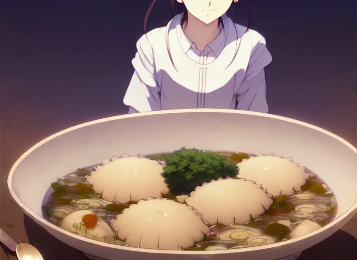 Prompt: a film still portrait of a bowl with raviolli, finely detailed features, closeup at the food, perfect art, at a dinner table, gapmoe yandere grimdark, trending on pixiv fanbox, painted by greg rutkowski makoto shinkai takashi takeuchi studio ghibli, akihiko yoshida