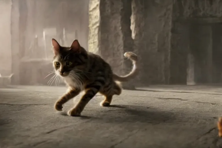 Image similar to futuristic VFX movie of a cat walking through a wizards magic underground study, natural lighting by Emmanuel Lubezki