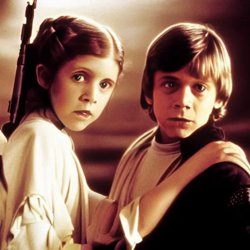 Image similar to film still of carrie fisher and mark hamill as children in new star wars movie, dramatic lighting, highly detailed face, kodak film, wide angle shot,