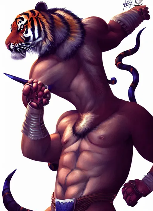 Image similar to character portrait of a male anthro Tiger fursona dressed like Macho Man Randy Savage in a futuristic wrestling ring. Character design by charlie bowater, ross tran, artgerm, and makoto shinkai, detailed, inked, western comic book art