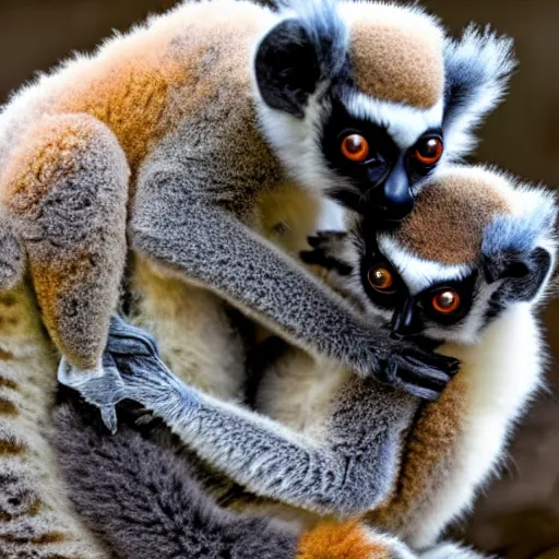 Image similar to a baby lemur clings to the belly of her mother, madagascar, raining, stormy photos in the style of national geographic, photorealistic - h 6 4 0