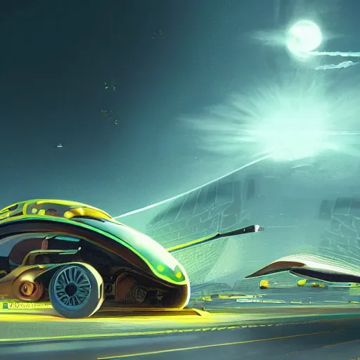 Image similar to solarpunk hovercar, clean energy, green technology, highway, sunny day, futurism, intricate, engines, glow, highly detailed, drone wings, peaceful, utopia, bright, digital painting, artstation, concept art, smooth, sharp focus, epic landscape, art by akihiko yoshida and tim mcburnie and anato finnstark