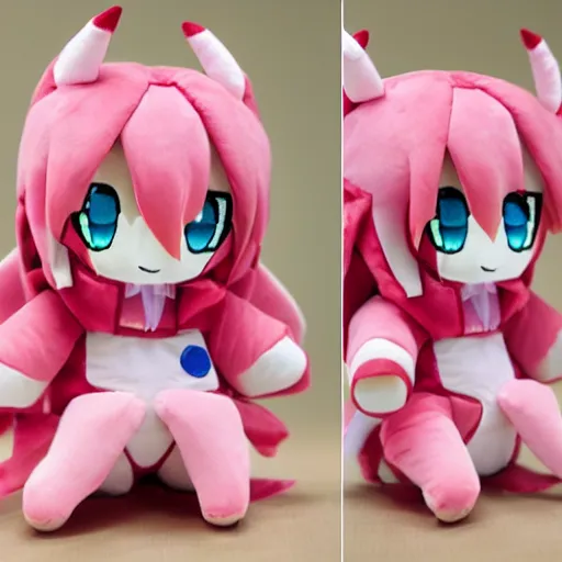 Image similar to cute fumo plush of the party trickster who deals random crits 99% of the time, anime girl